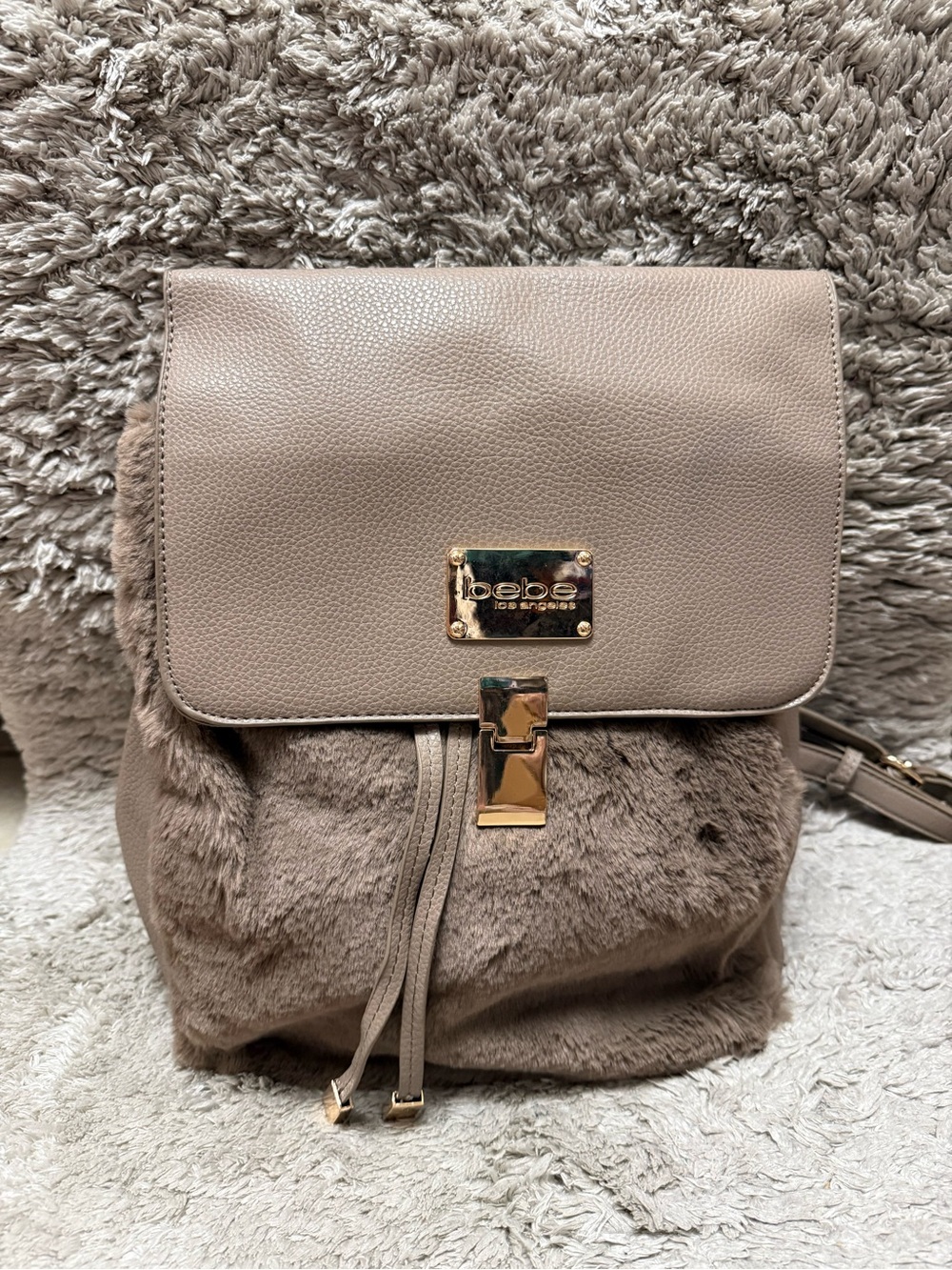 bebe Taupe Faux-Fur Backpack with Gold Hardware